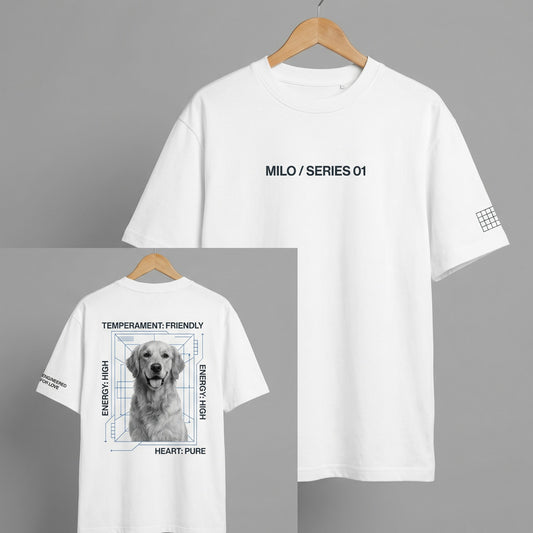 Milo Series 01 Custom Pet Blueprint T-Shirt | Personalized Dog Profile Tee